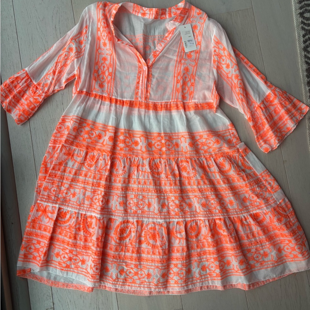Made in Italy Designer Flowey linen coverup Vibrant Orange and White Dress